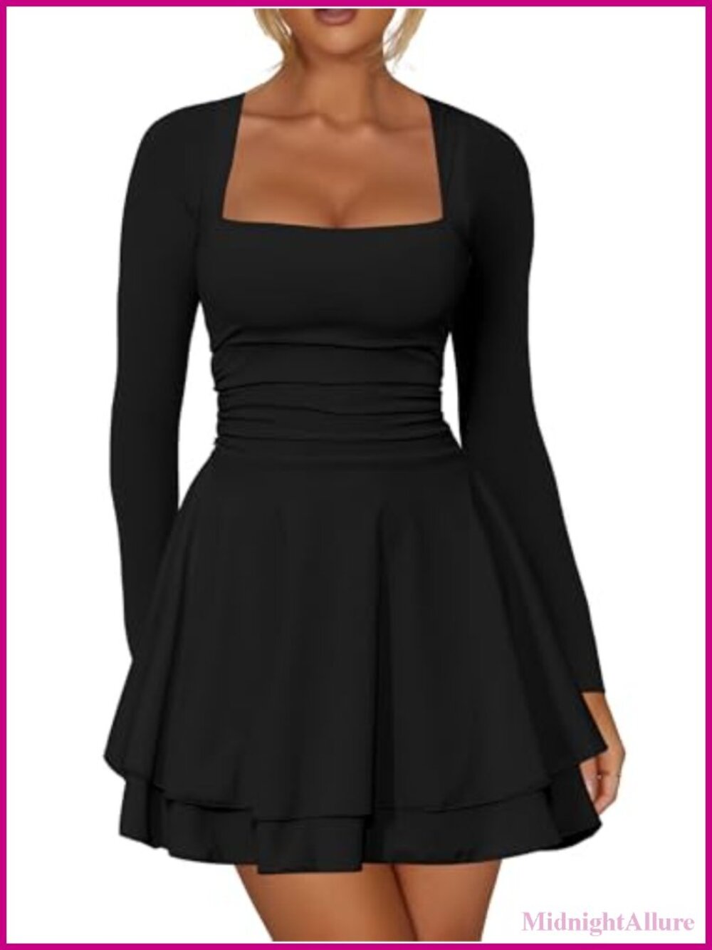 Long Sleeve Corset Mini Dress Square Neck Ruffle Hem Party Club Bodycon